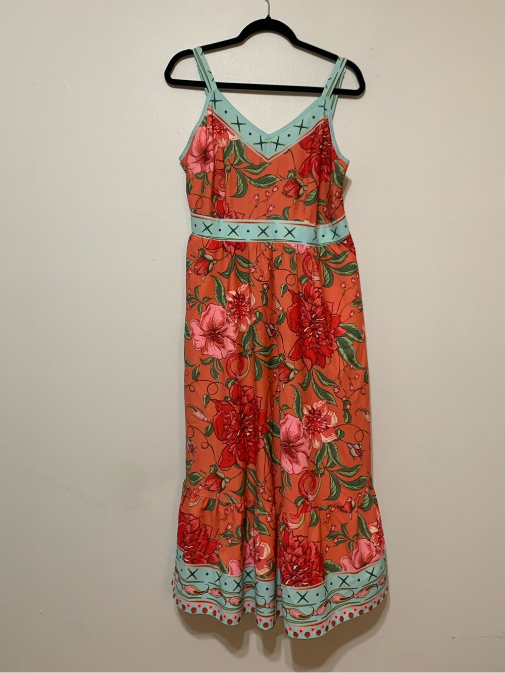 Coral Teal Floral Sundress Spaghetti Adjustable Strap V-Neck Women’s Size 12